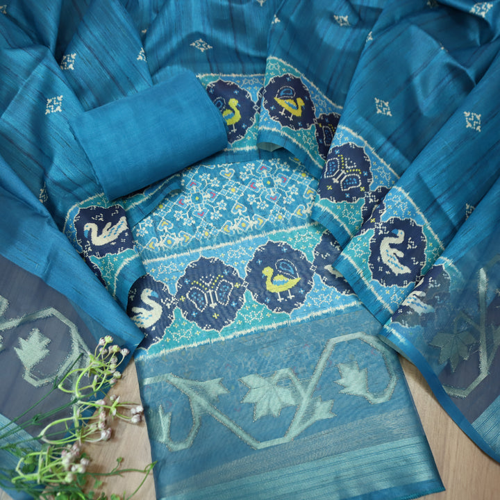 Bahaar Sapphire Blue Ikkat Style Print with Zari Detailing Korean Tussar Chanderi Set
