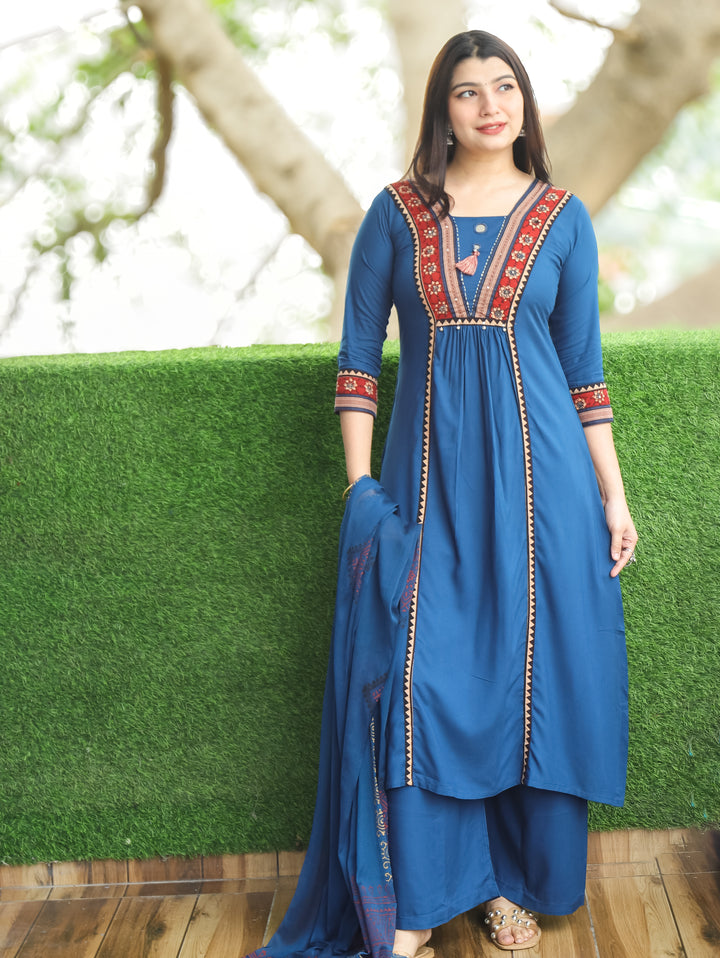 Madhurima Royal Blue Mirror Work with Front Gathered Panel Style Cotton 3 Piece Set