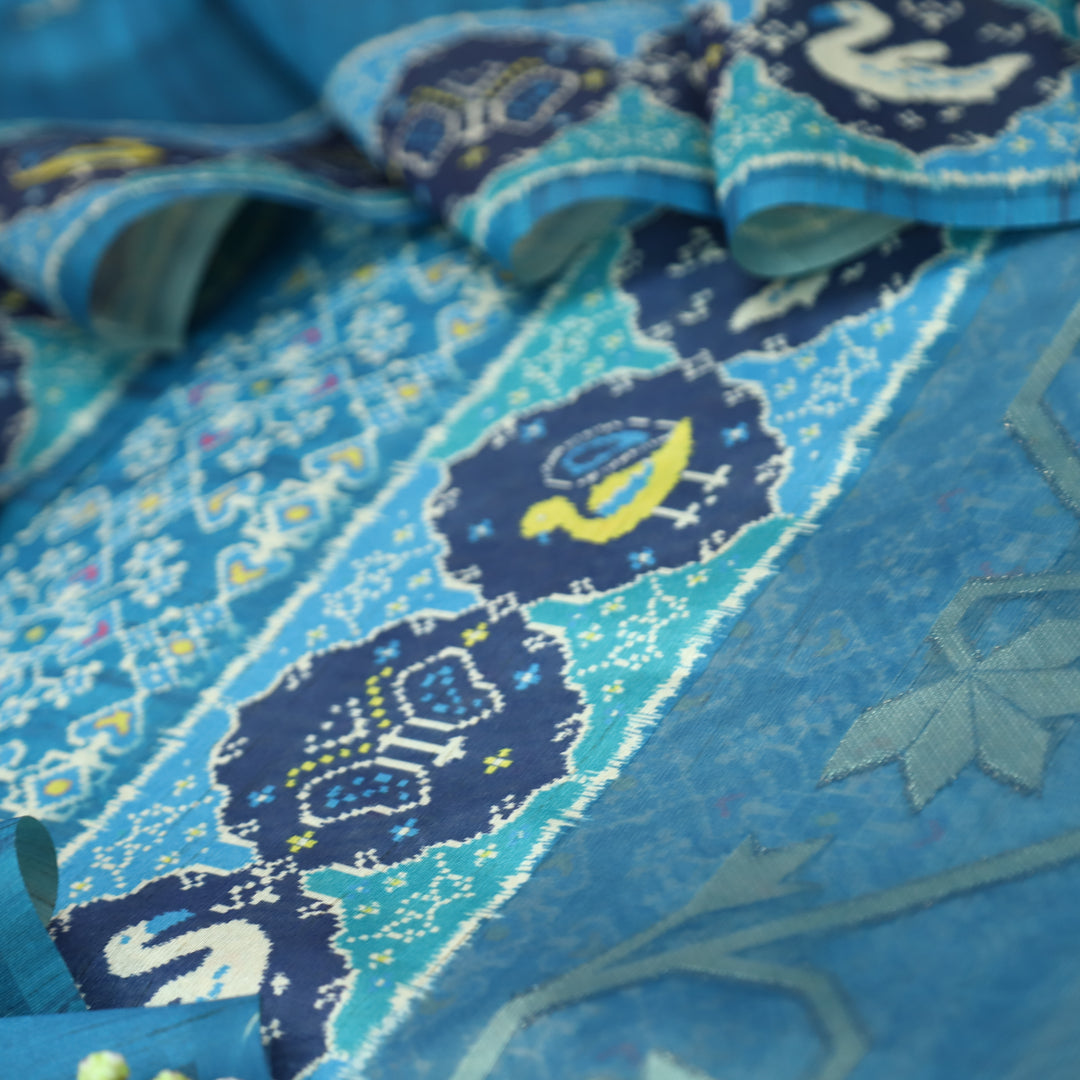Bahaar Sapphire Blue Ikkat Style Print with Zari Detailing Korean Tussar Chanderi Set