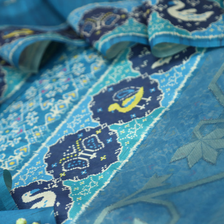Bahaar Sapphire Blue Ikkat Style Print with Zari Detailing Korean Tussar Chanderi Set