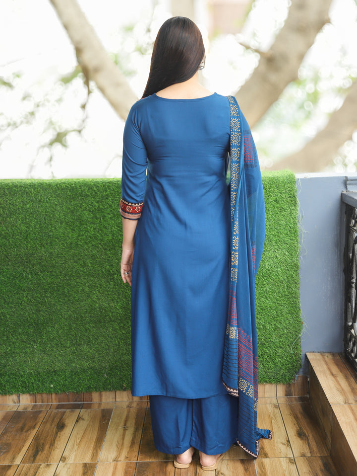 Madhurima Royal Blue Mirror Work with Front Gathered Panel Style Cotton 3 Piece Set