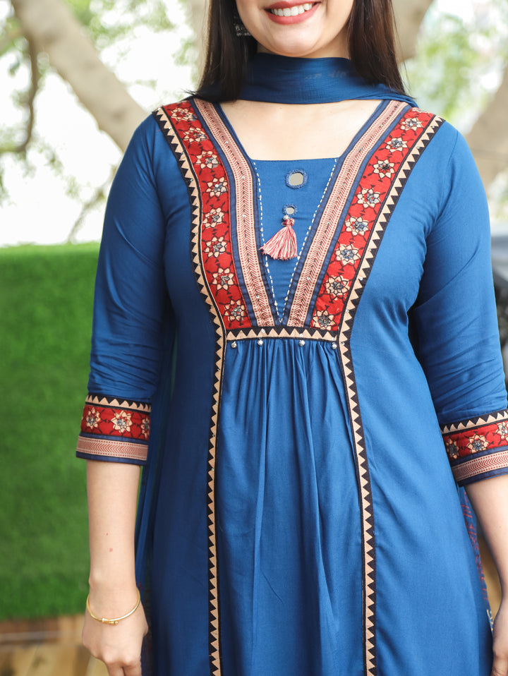 Madhurima Royal Blue Mirror Work with Front Gathered Panel Style Cotton 3 Piece Set