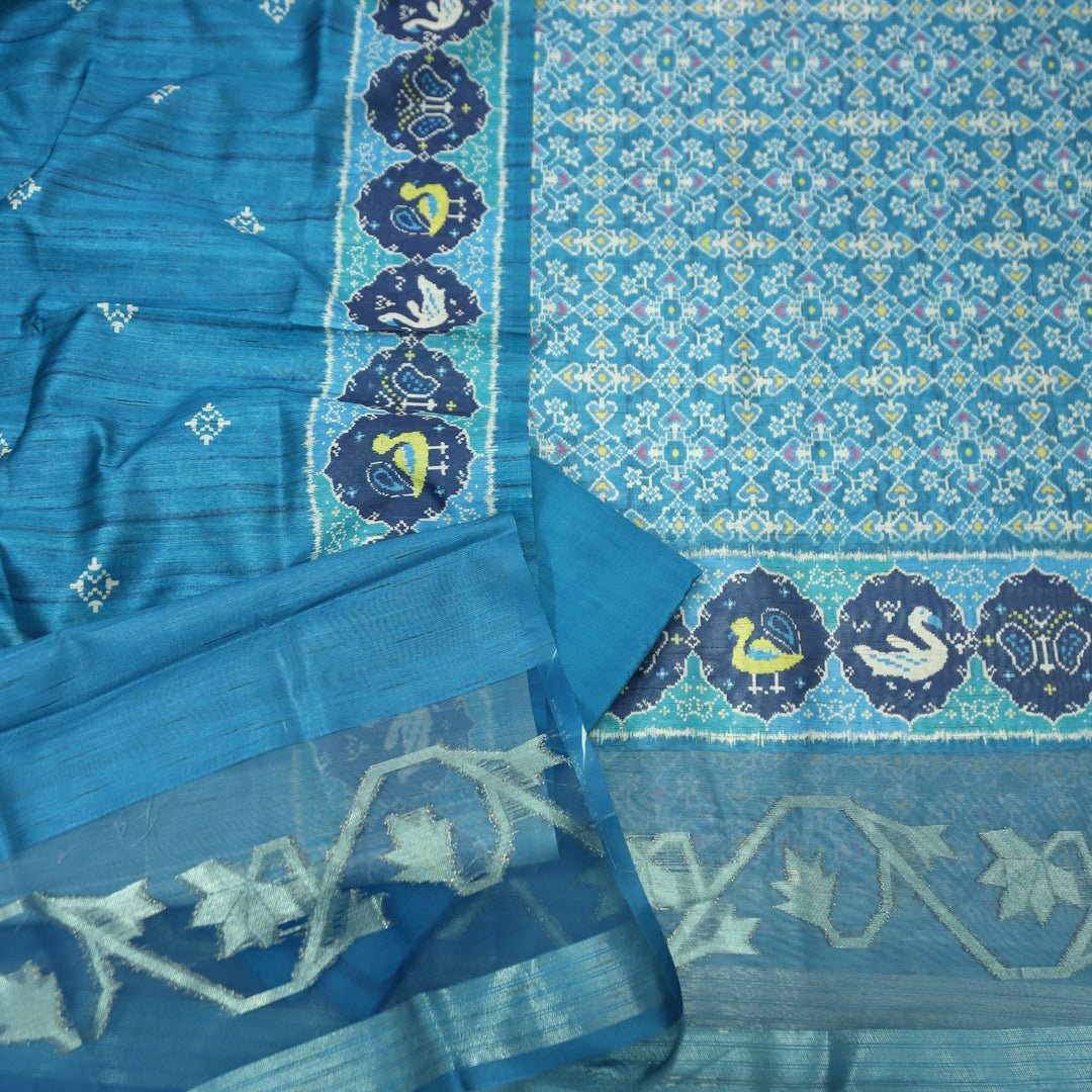 Bahaar Sapphire Blue Ikkat Style Print with Zari Detailing Korean Tussar Chanderi Set