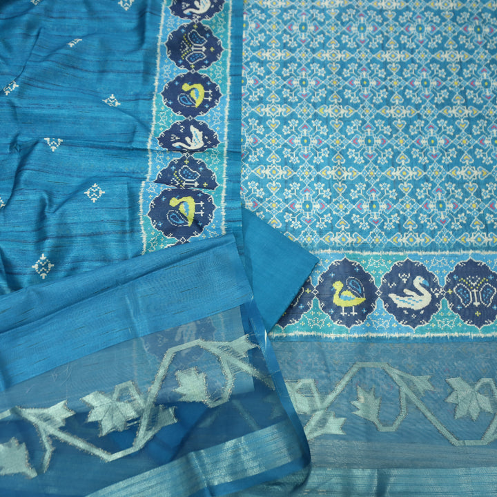 Bahaar Sapphire Blue Ikkat Style Print with Zari Detailing Korean Tussar Chanderi Set