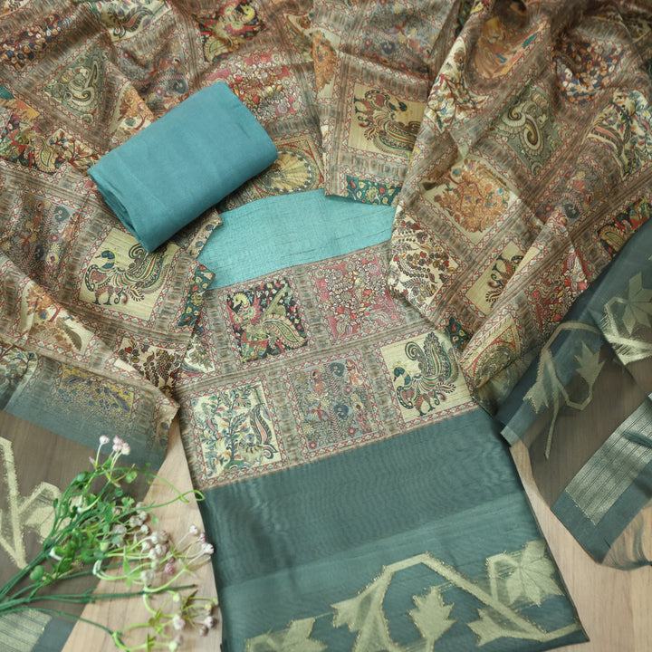 Rooprani Ocean Aqua Kalamkari Print with Zari Detailing Korean Tussar Chanderi Set