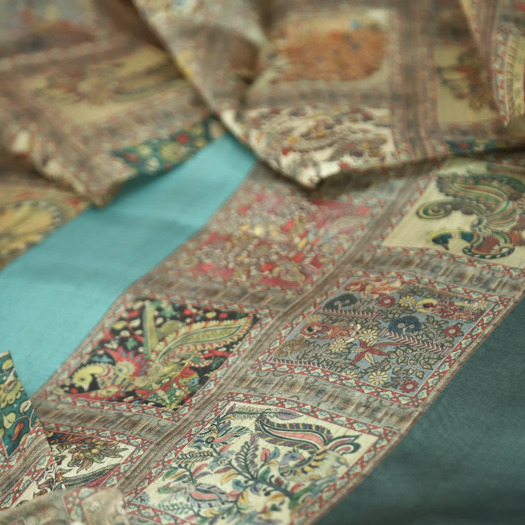 Rooprani Ocean Aqua Kalamkari Print with Zari Detailing Korean Tussar Chanderi Set