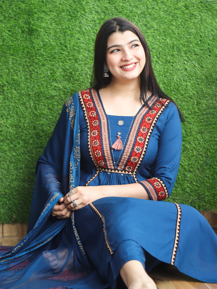 Madhurima Royal Blue Mirror Work with Front Gathered Panel Style Cotton 3 Piece Set