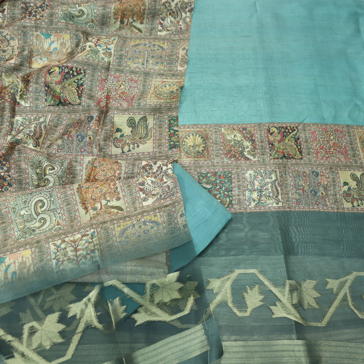 Rooprani Ocean Aqua Kalamkari Print with Zari Detailing Korean Tussar Chanderi Set