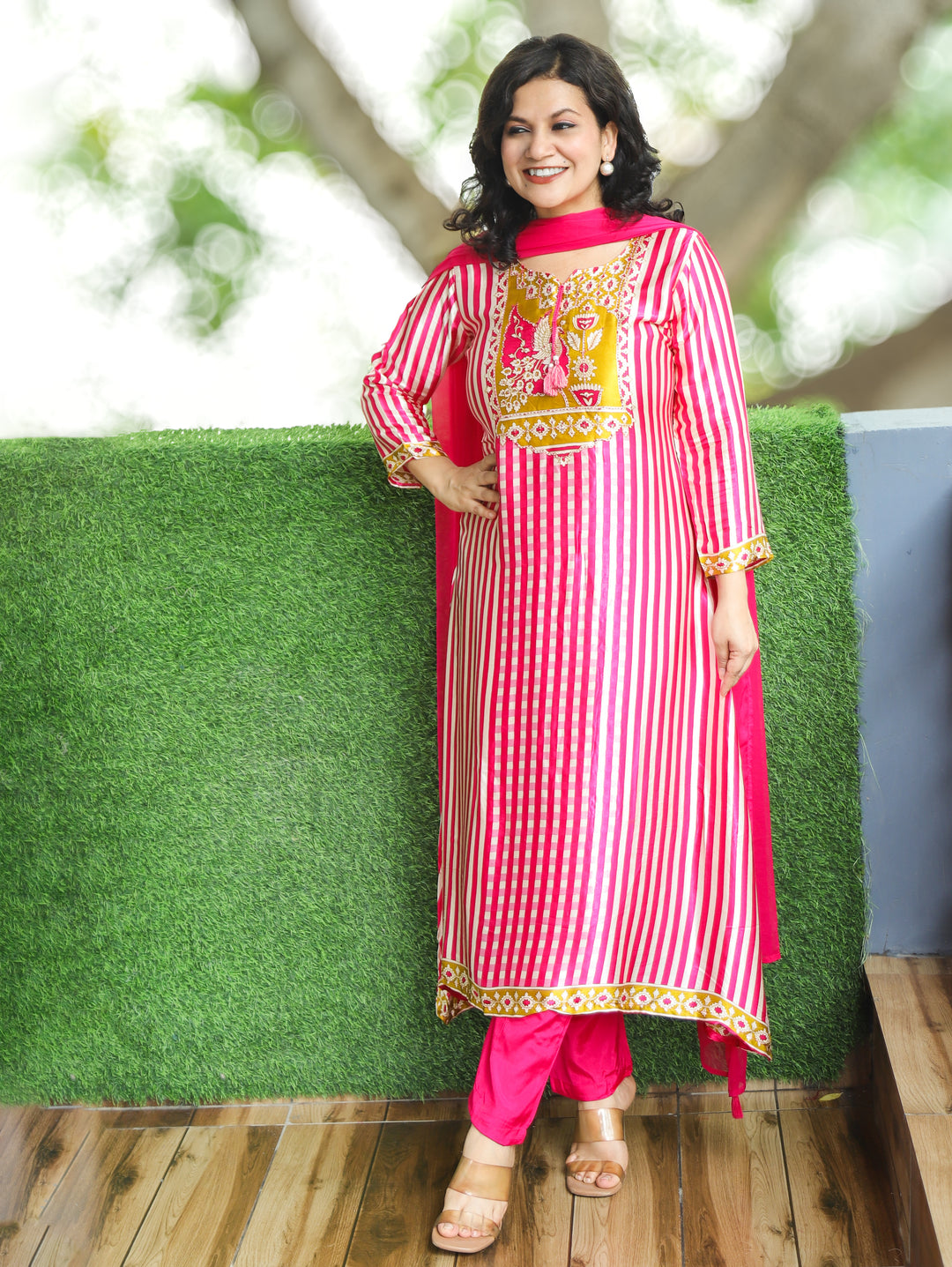 Bilori Pink Peacock Printed Yoke Gajji Silk 3 Piece Set