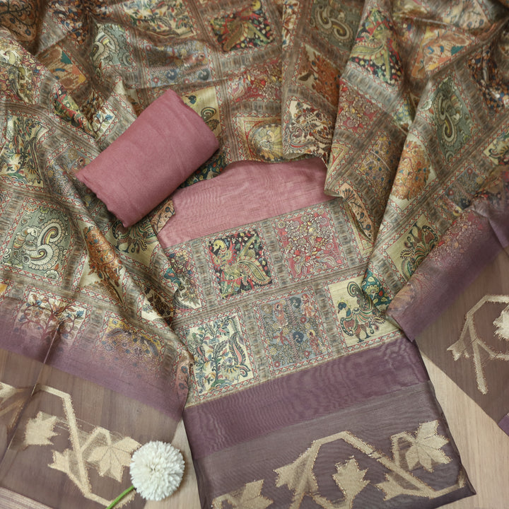 Rooprani Mauve Pink Kalamkari Print with Zari Detailing Korean Tussar Chanderi Set