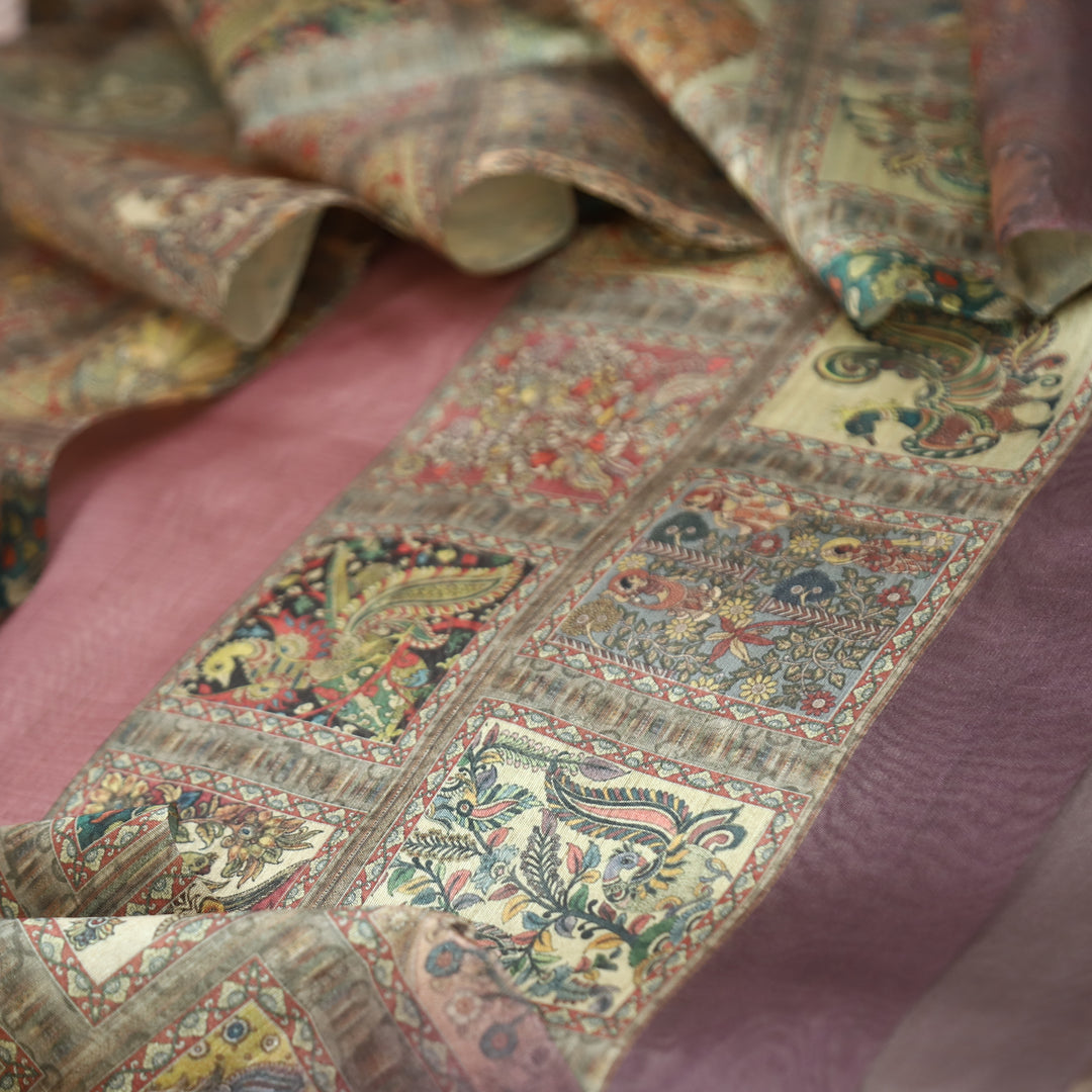 Rooprani Mauve Pink Kalamkari Print with Zari Detailing Korean Tussar Chanderi Set