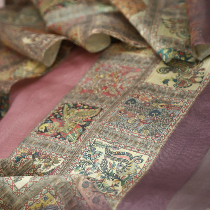 Rooprani Mauve Pink Kalamkari Print with Zari Detailing Korean Tussar Chanderi Set
