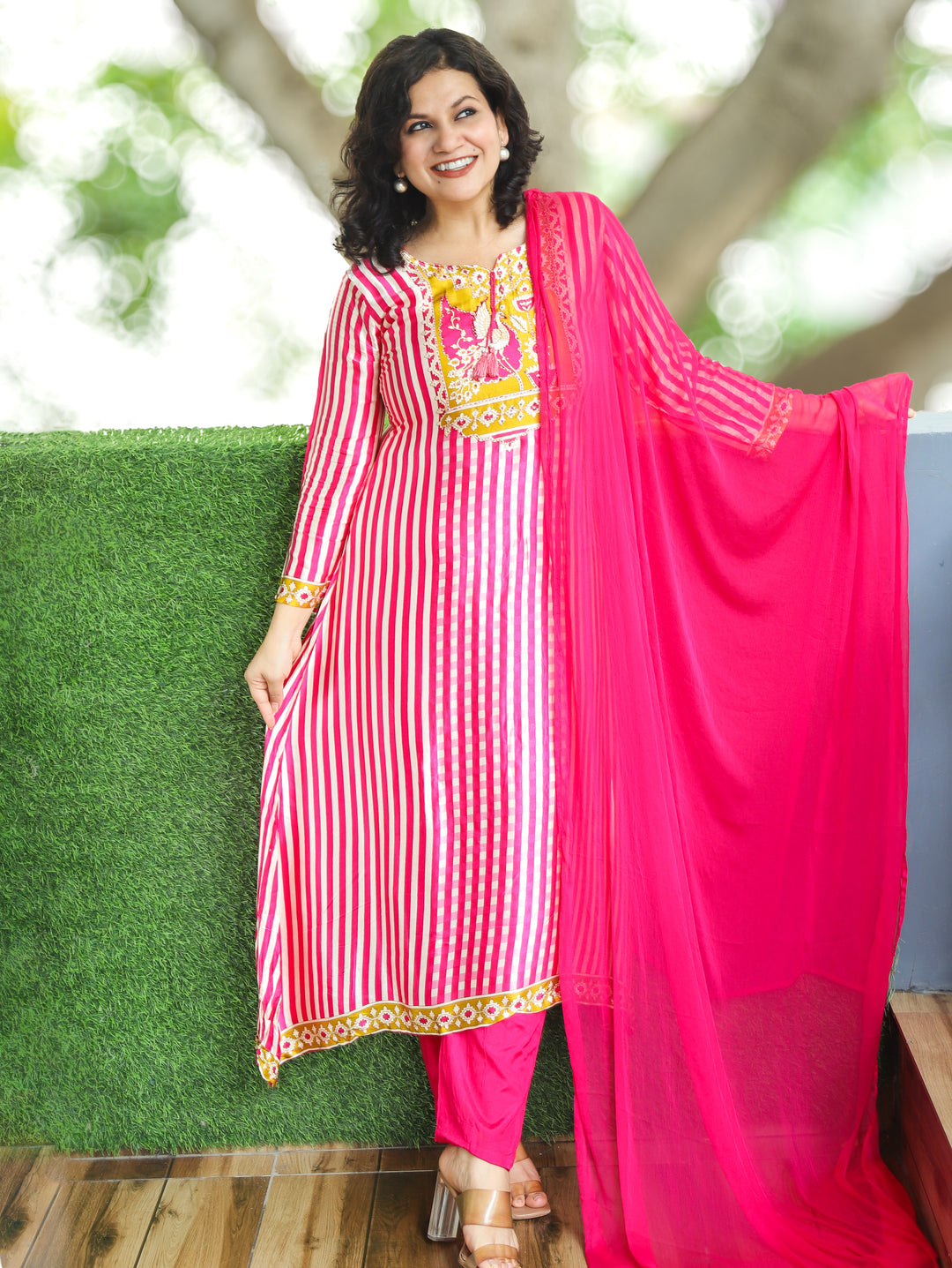 Bilori Pink Peacock Printed Yoke Gajji Silk 3 Piece Set