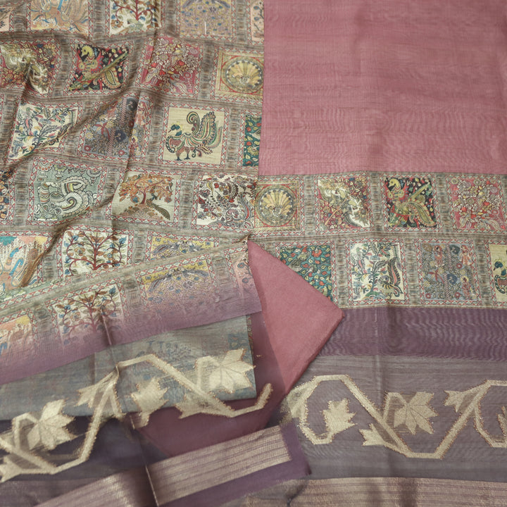 Rooprani Mauve Pink Kalamkari Print with Zari Detailing Korean Tussar Chanderi Set