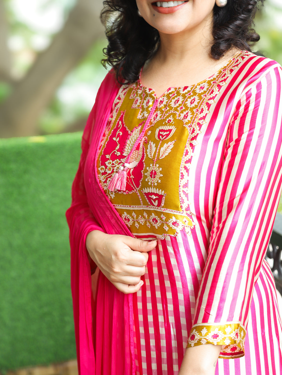 Bilori Pink Peacock Printed Yoke Gajji Silk 3 Piece Set