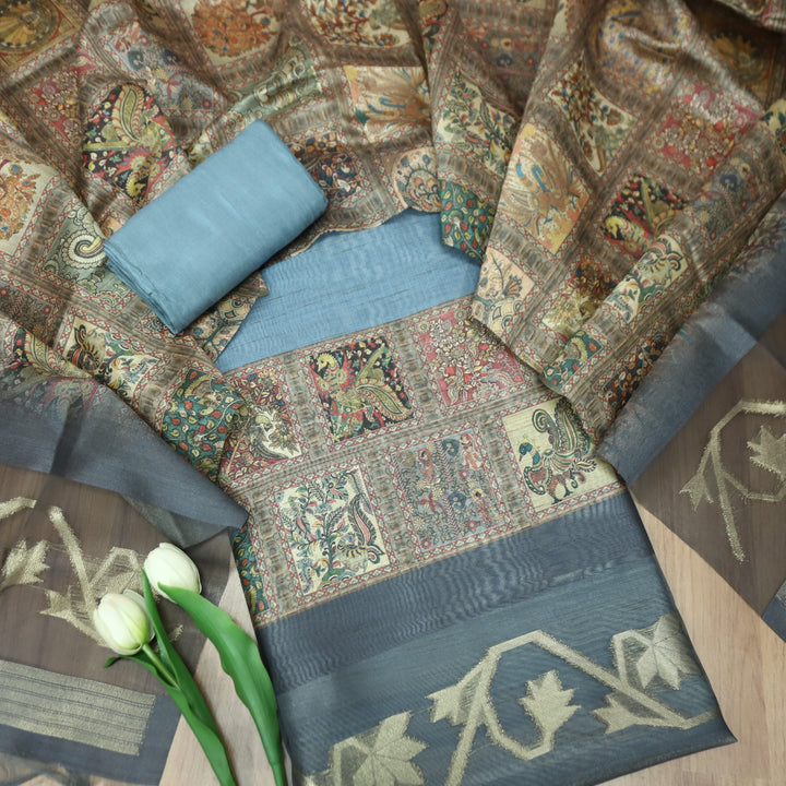 Rooprani Shadow Grey Kalamkari Print with Zari Detailing Korean Tussar Chanderi Set