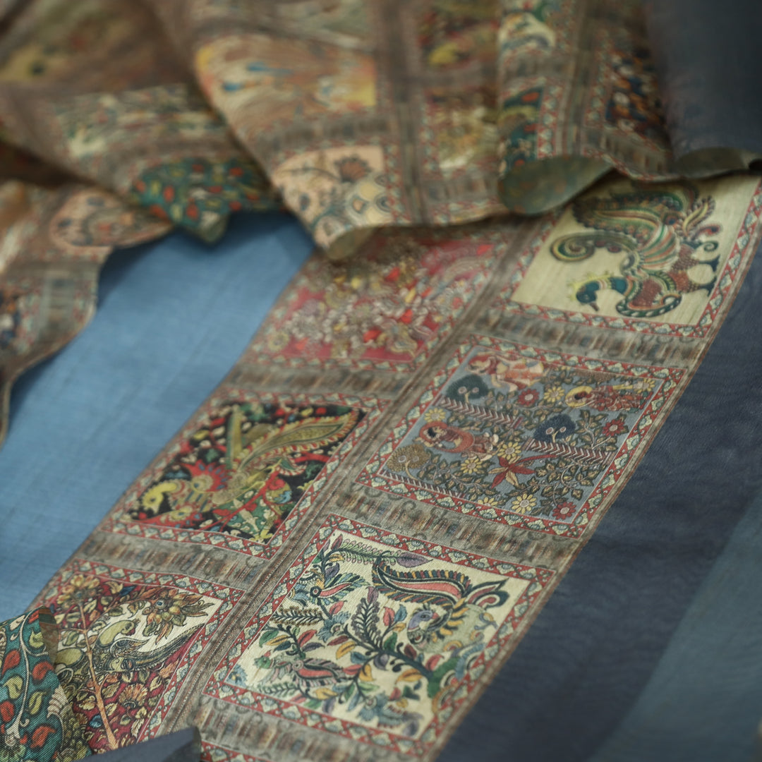 Rooprani Shadow Grey Kalamkari Print with Zari Detailing Korean Tussar Chanderi Set