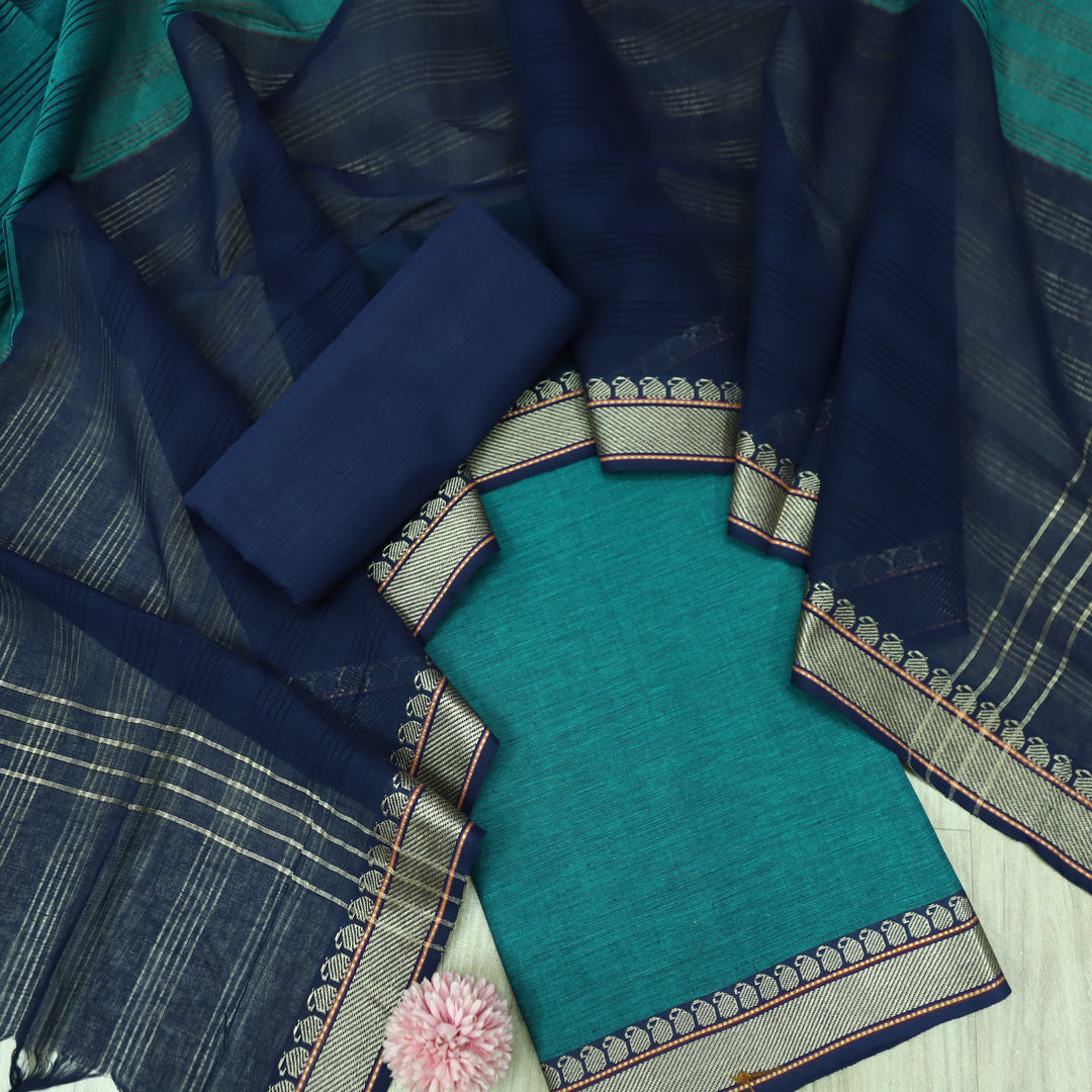 Sanskruti Cyan Teal Blue Mangalgiri Hem in South Cotton Suit Set
