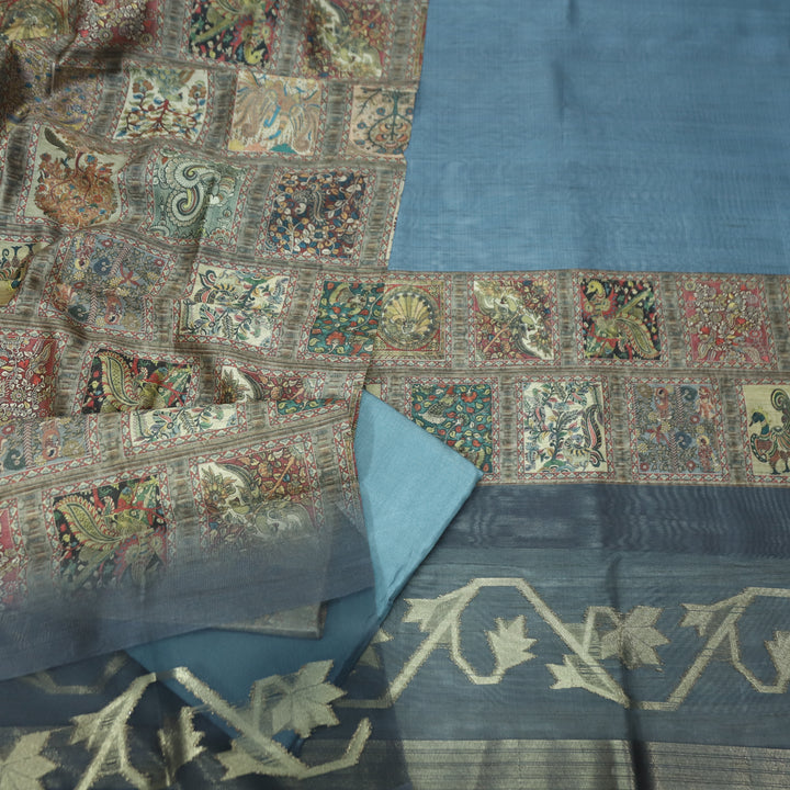 Rooprani Shadow Grey Kalamkari Print with Zari Detailing Korean Tussar Chanderi Set