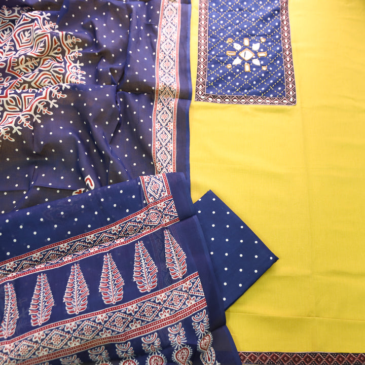 Rushna Yellow with Blue Polka Dot Mirror Work Yoke Cotton Set