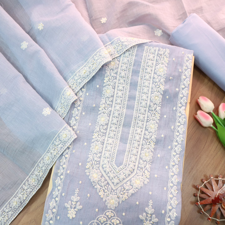 Kaveri Ice Blue Thread Embroidered Chanderi Set