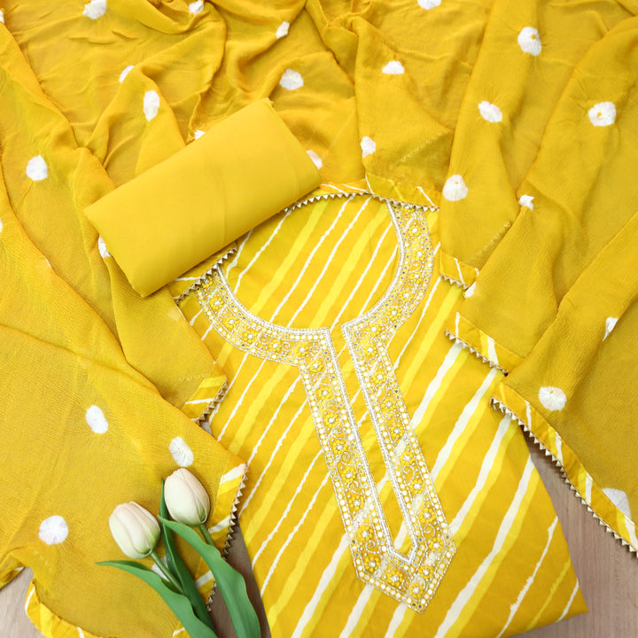 Phoolvari Mustard Yellow Embellished Neckline Leheriya Cotton Set
