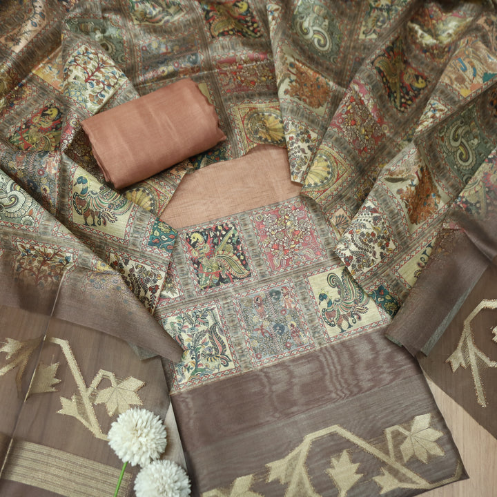 Rooprani Burnade Peach Kalamkari Print with Zari Detailing Korean Tussar Chanderi Set