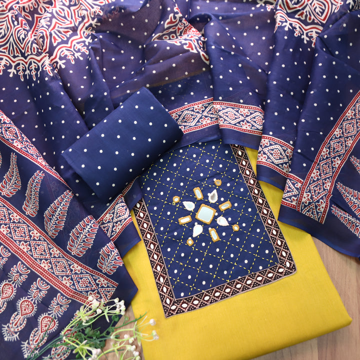 Rushna Yellow with Blue Polka Dot Mirror Work Yoke Cotton Set