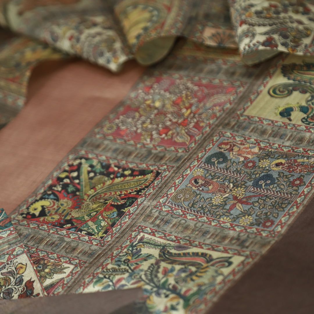 Rooprani Burnade Peach Kalamkari Print with Zari Detailing Korean Tussar Chanderi Set