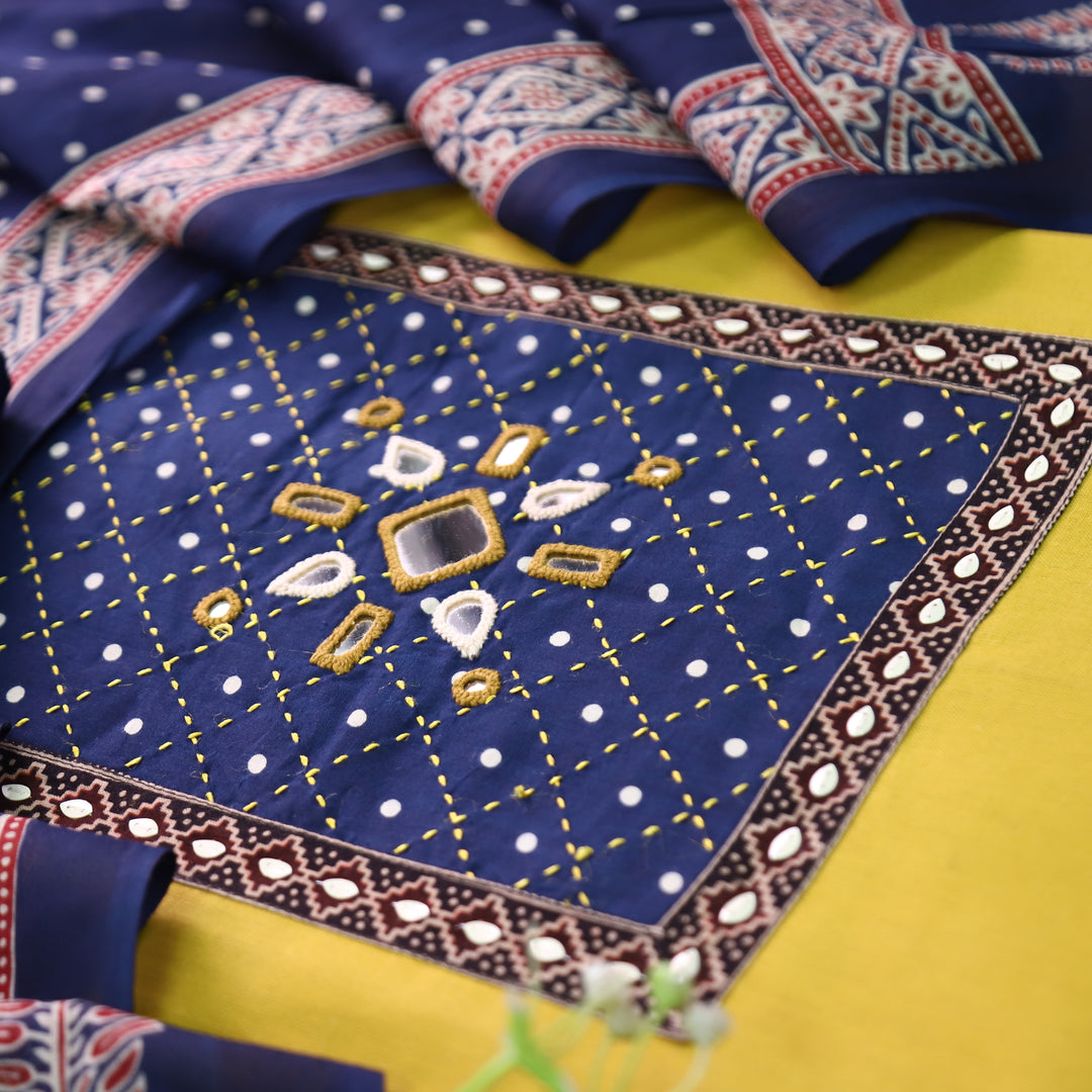 Rushna Yellow with Blue Polka Dot Mirror Work Yoke Cotton Set