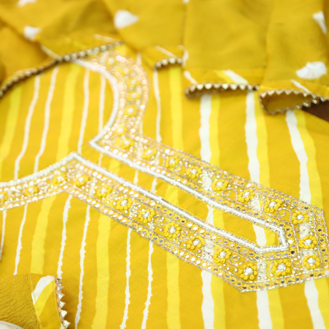 Phoolvari Mustard Yellow Embellished Neckline Leheriya Cotton Set