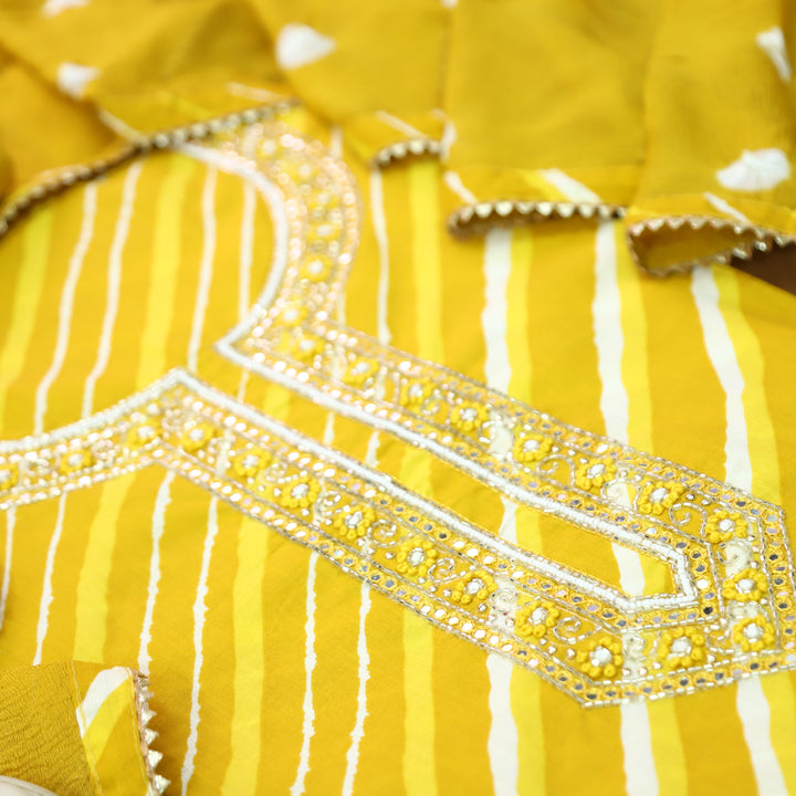 Phoolvari Mustard Yellow Embellished Neckline Leheriya Cotton Set