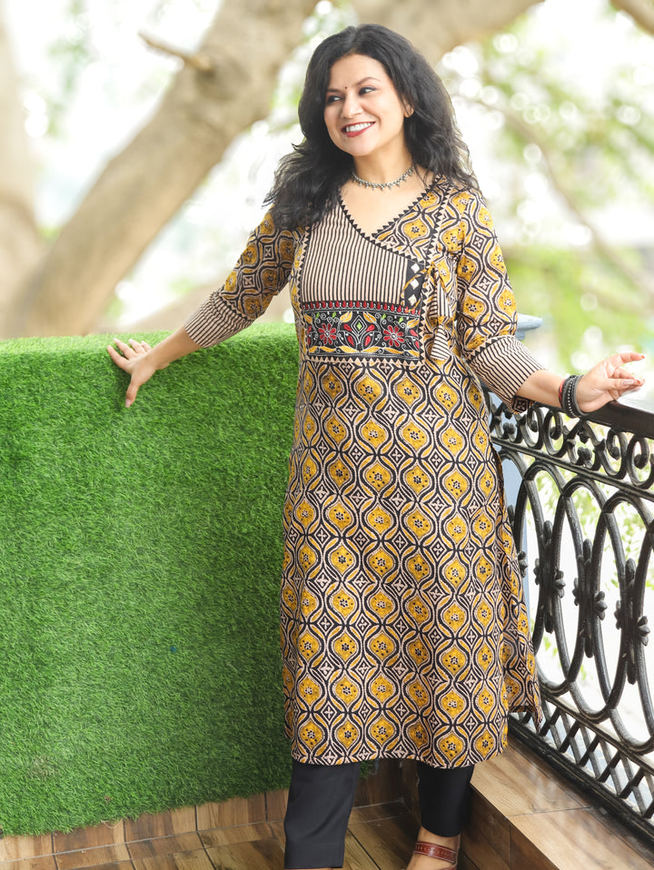 Ridhima Dijon Yellow Embroidery Angrakha Yoke with Knot Ajrak Print Cotton Kurti