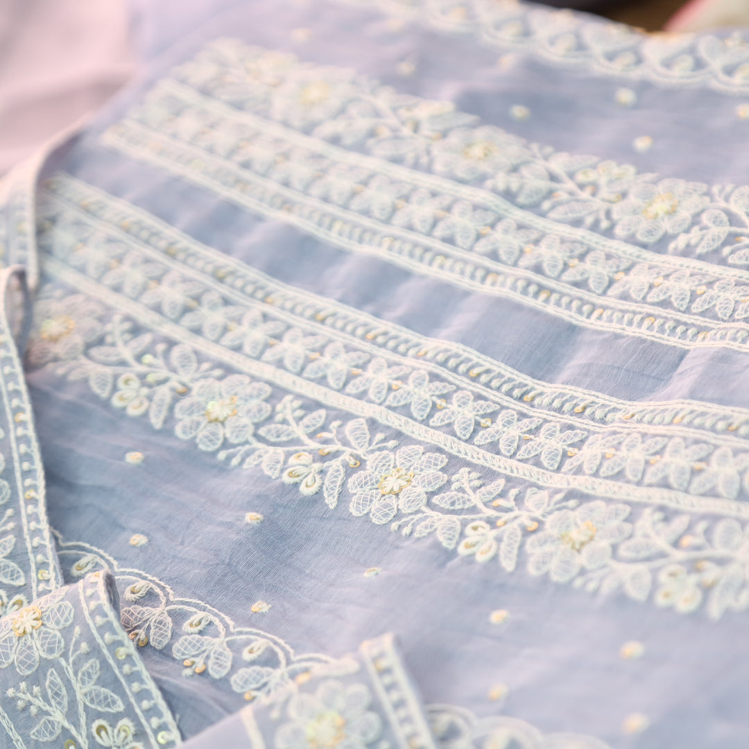 Kaveri Ice Blue Thread Embroidered Chanderi Set
