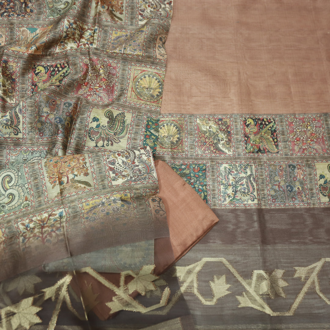 Rooprani Burnade Peach Kalamkari Print with Zari Detailing Korean Tussar Chanderi Set