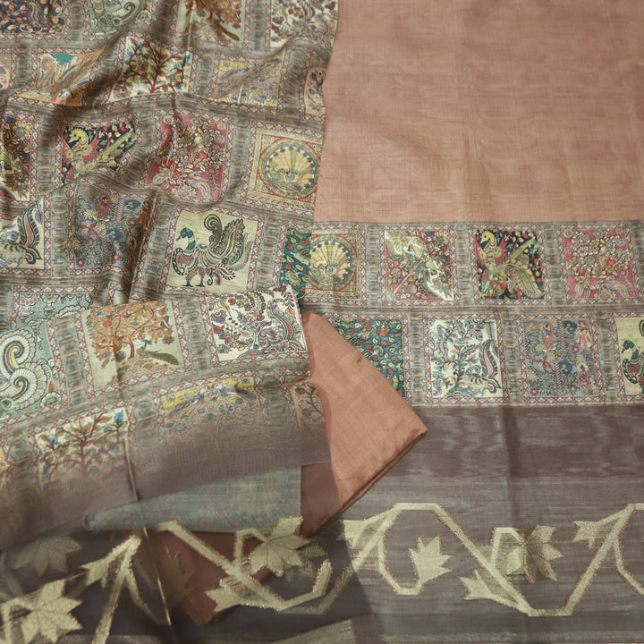 Rooprani Burnade Peach Kalamkari Print with Zari Detailing Korean Tussar Chanderi Set