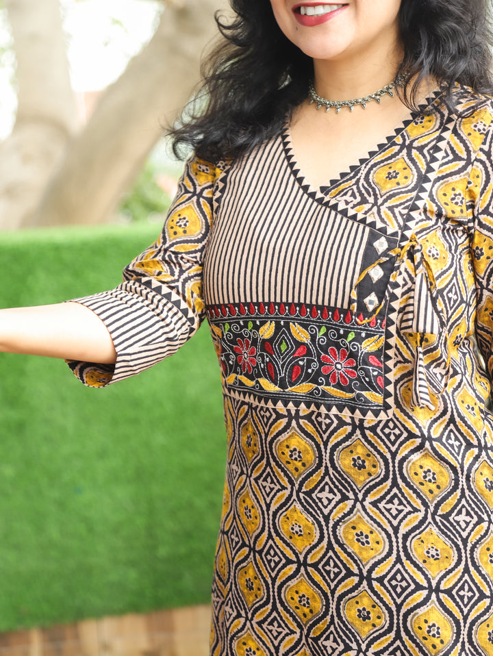 Ridhima Dijon Yellow Embroidery Angrakha Yoke with Knot Ajrak Print Cotton Kurti