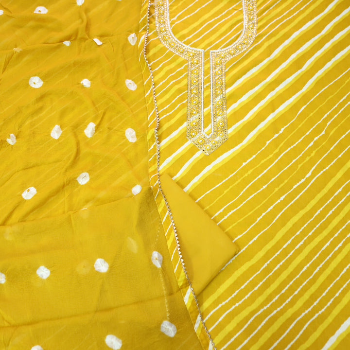 Phoolvari Mustard Yellow Embellished Neckline Leheriya Cotton Set