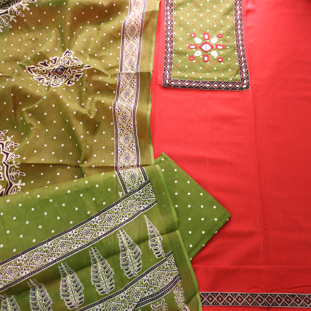 Rushna Red with Green Polka Dot Mirror Work Yoke Cotton Set