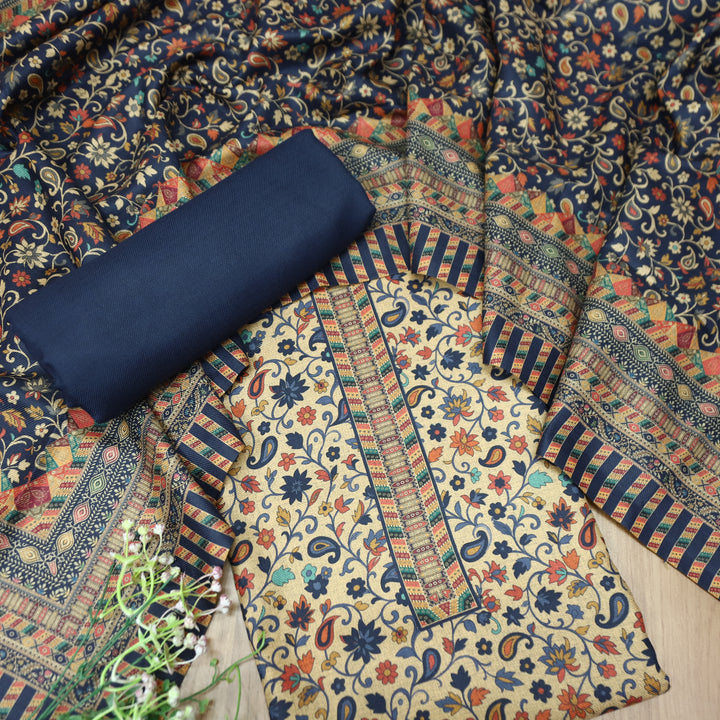 सुरभि Navy Blue All Over Kanni Floral Printed Semi Pashmina Winter Set