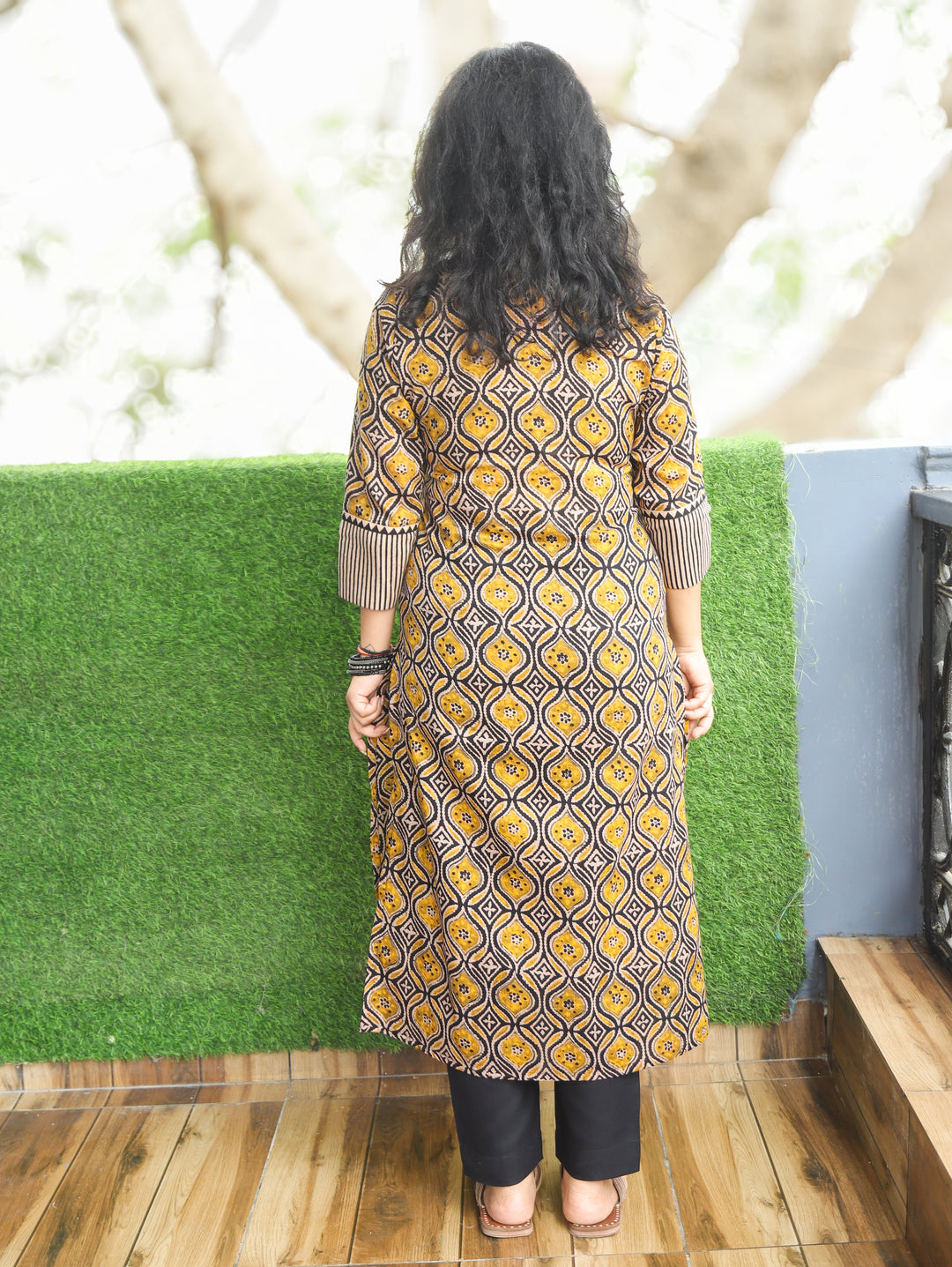Ridhima Dijon Yellow Embroidery Angrakha Yoke with Knot Ajrak Print Cotton Kurti