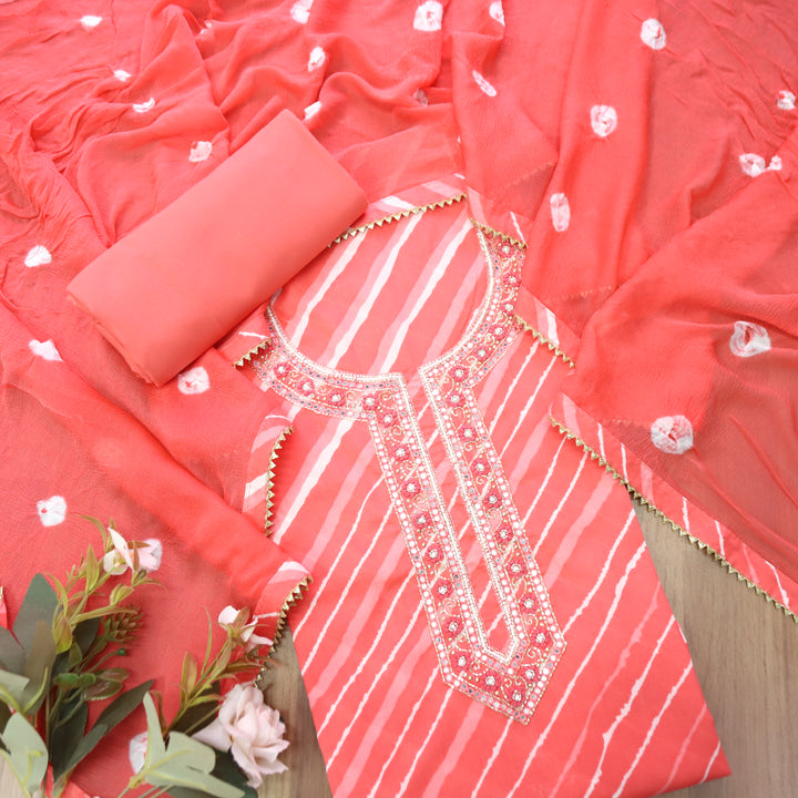 Phoolvari Candy Pink Embellished Neckline Leheriya Cotton Set