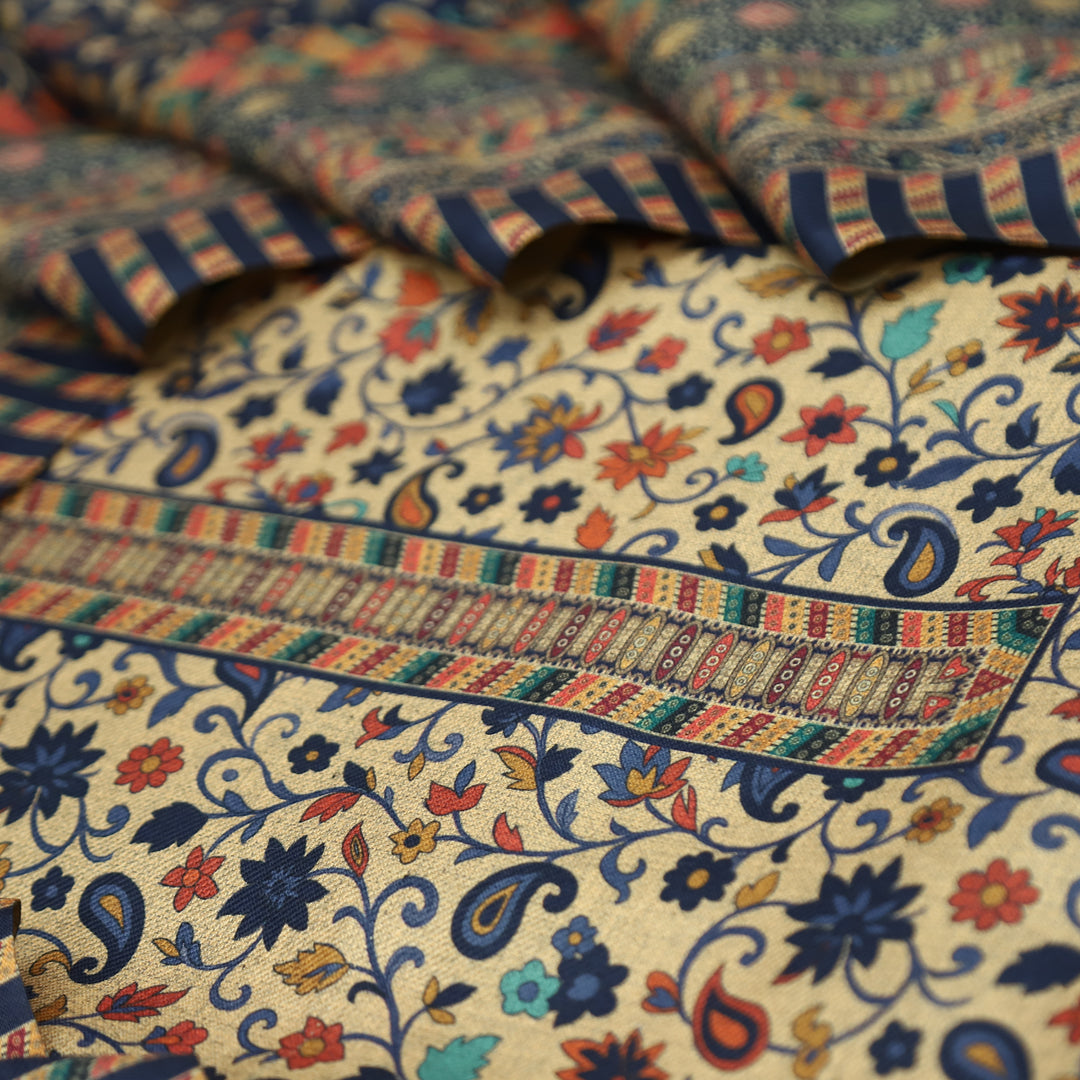 सुरभि Navy Blue All Over Kanni Floral Printed Semi Pashmina Winter Set