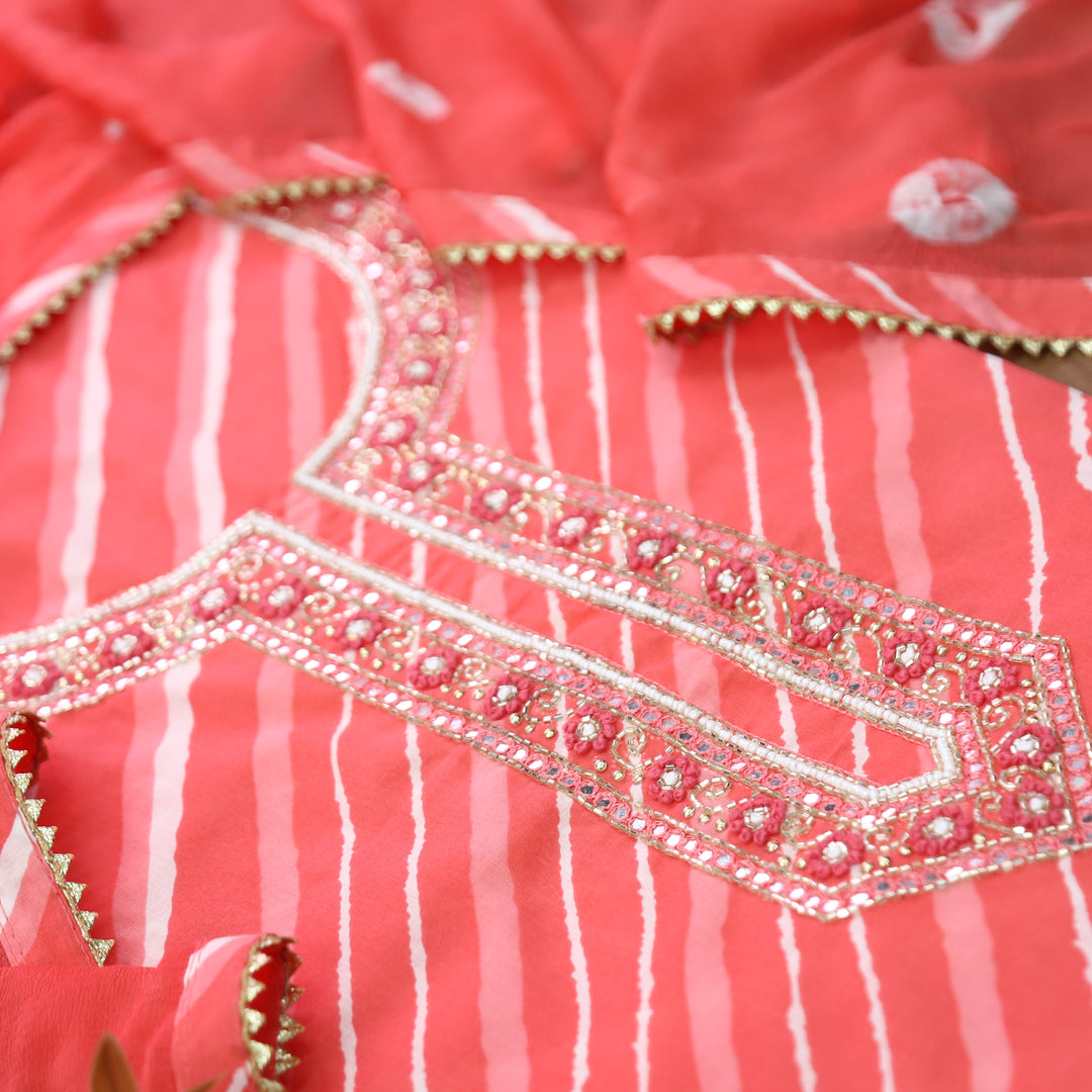 Phoolvari Candy Pink Embellished Neckline Leheriya Cotton Set