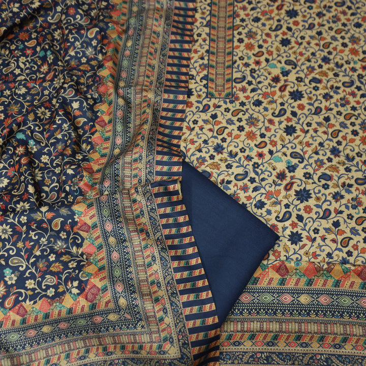 सुरभि Navy Blue All Over Kanni Floral Printed Semi Pashmina Winter Set