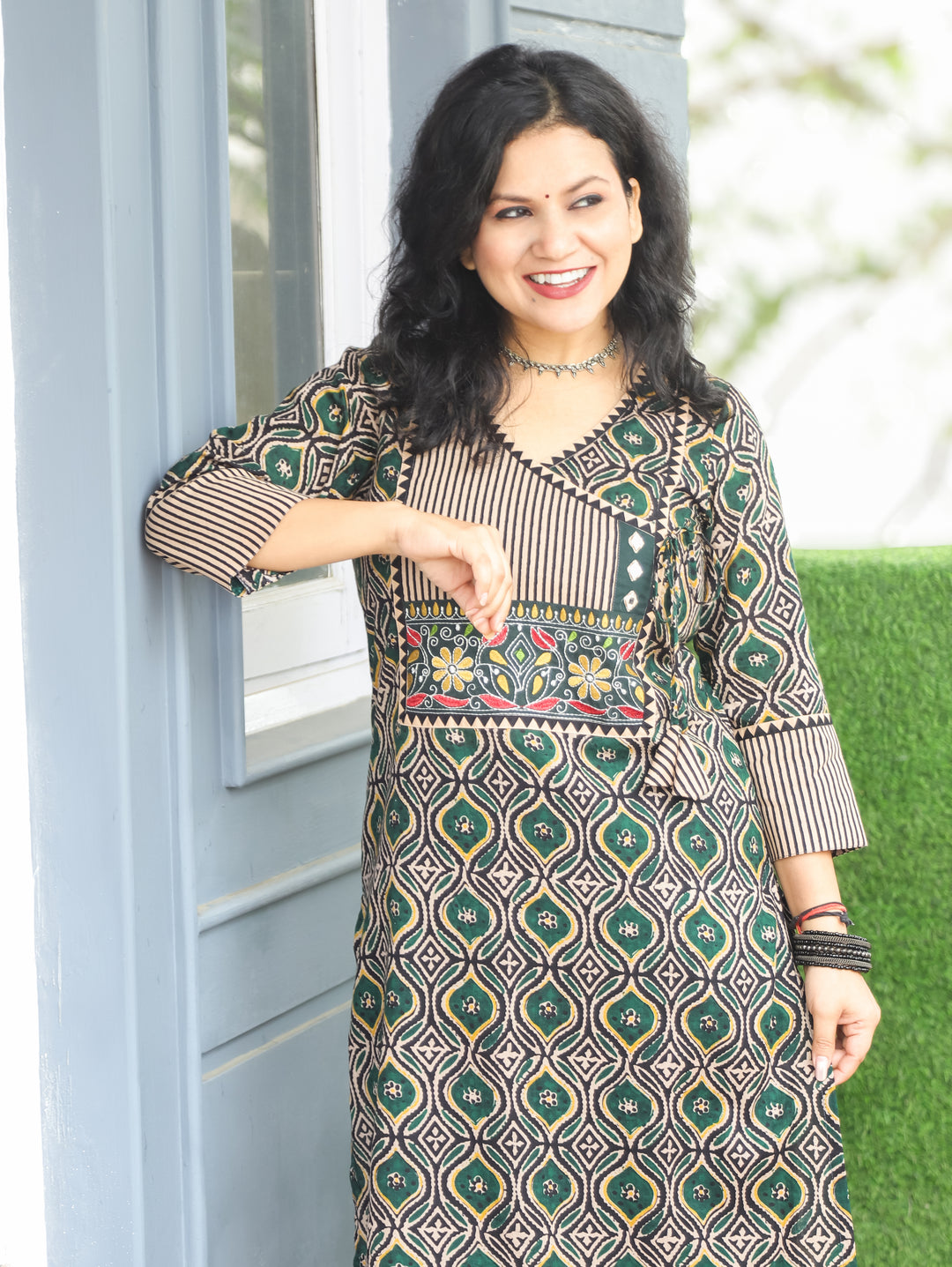 Ridhima Sacramento Green Embroidery Angrakha Yoke with Knot Ajrak Print Cotton Kurti