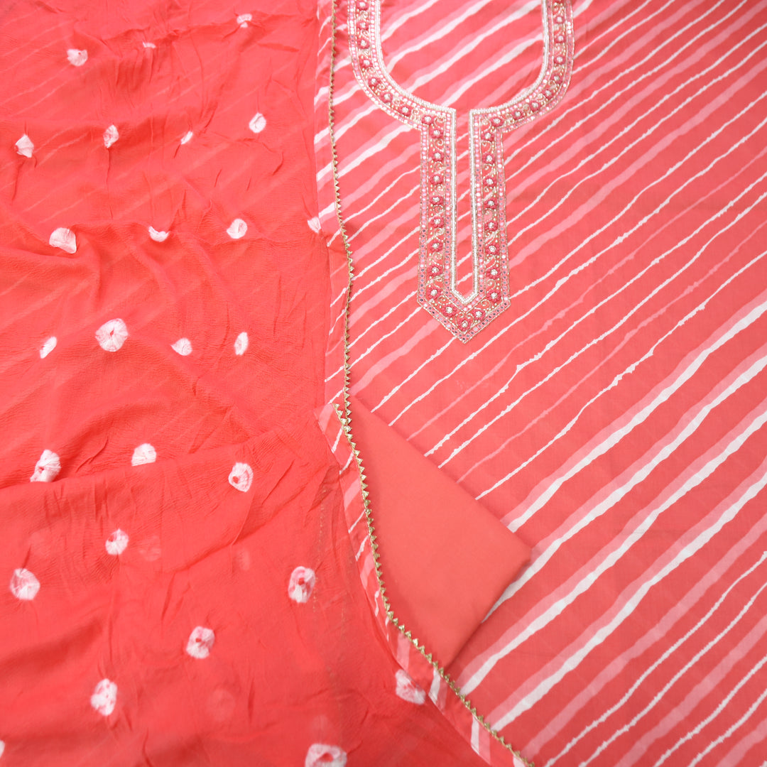 Phoolvari Candy Pink Embellished Neckline Leheriya Cotton Set