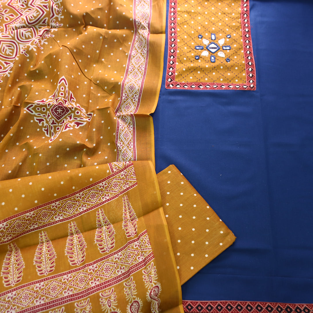 Rushna Blue with Yellow Polka Dot Mirror Work Yoke Cotton Set
