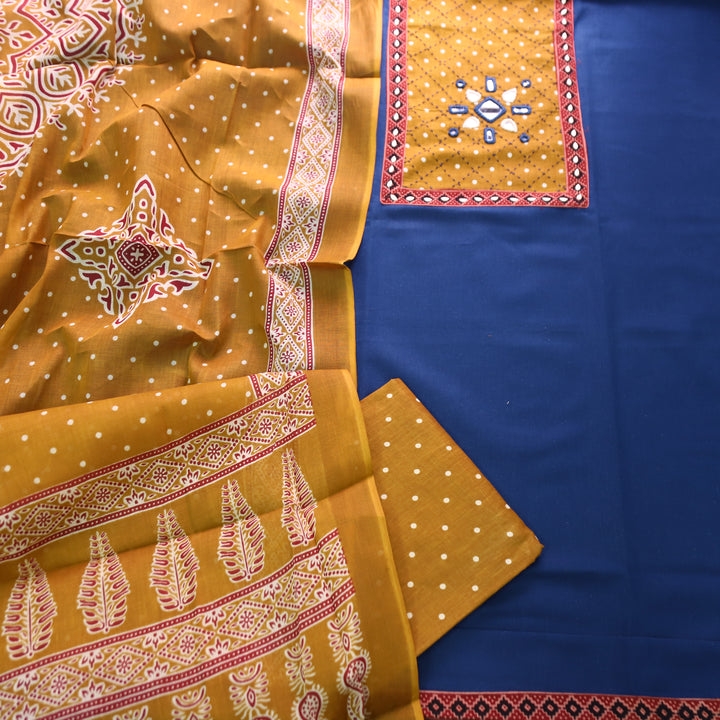 Rushna Blue with Yellow Polka Dot Mirror Work Yoke Cotton Set
