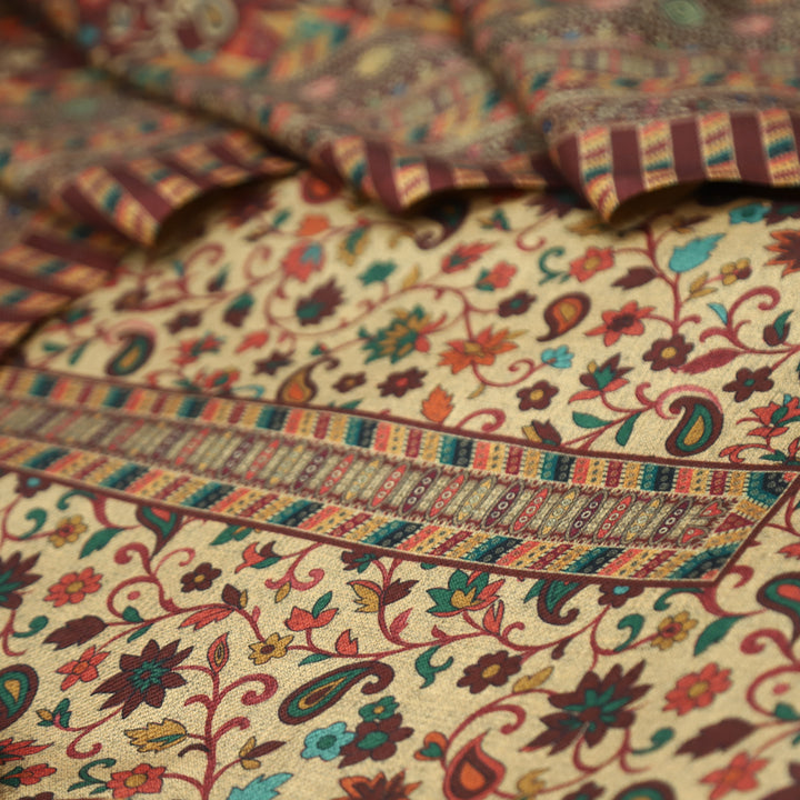 सुरभि Powder Brown All Over Kanni Floral Printed Semi Pashmina Winter Set